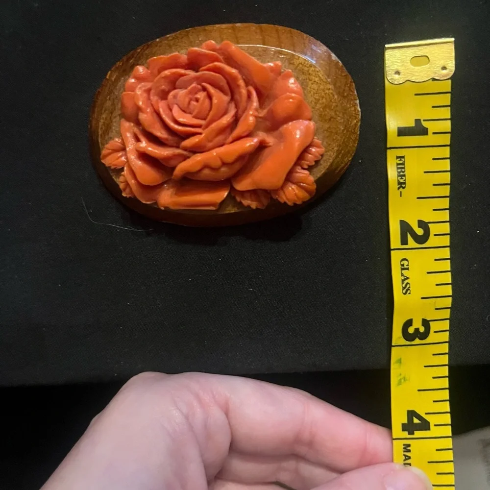 Vintage Orange Carved Rose Celluloid Brooch on Wood